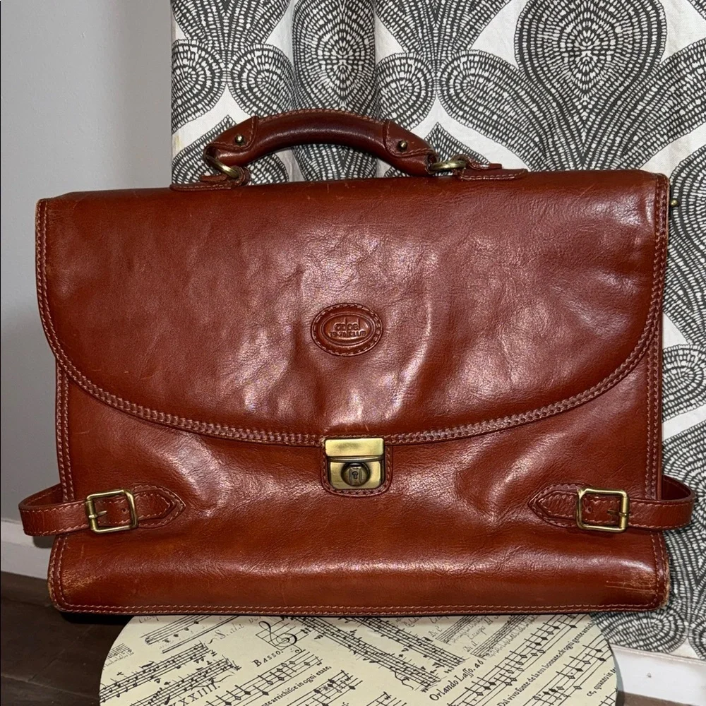 Adpel Vintage Distressed Cognac Brown Leather Briefcase